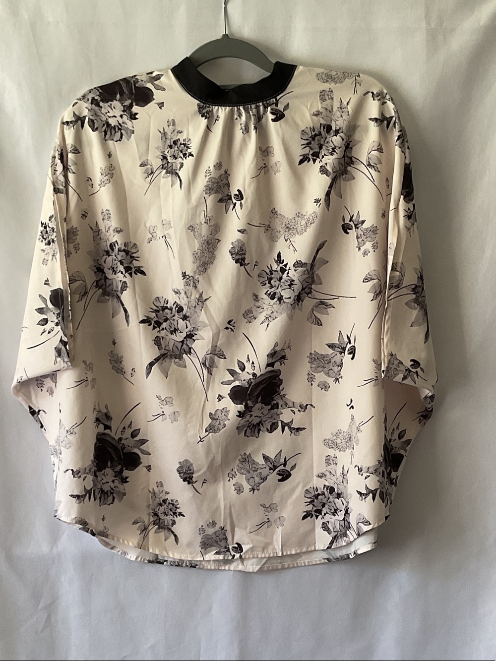 Women’s Cream & Black Floral Batwing Blouse with Black Trim &  Back Tie Closure